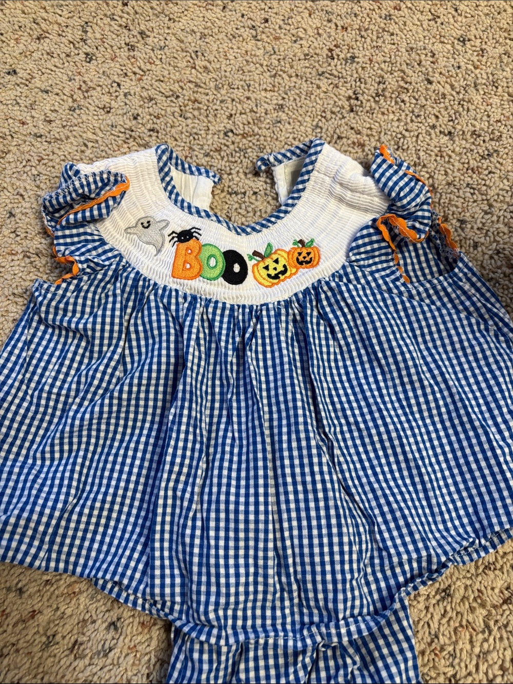 Blue Gingham Halloween Smocked Dress with Orange Trim